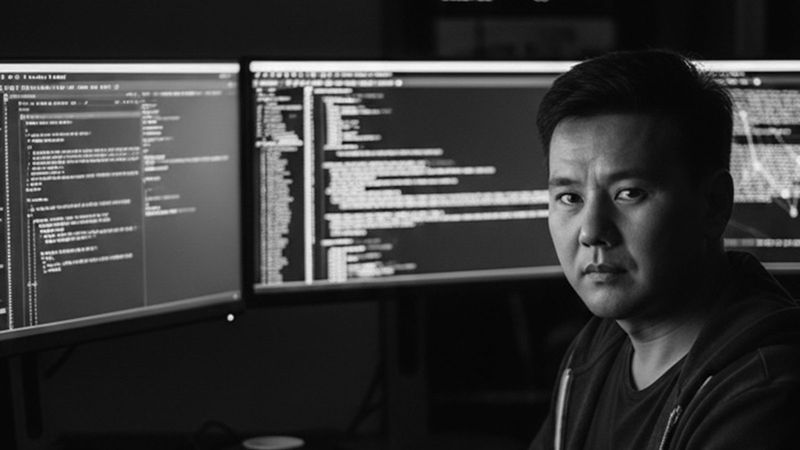 A man sits at a keyboard in front of two screens of code