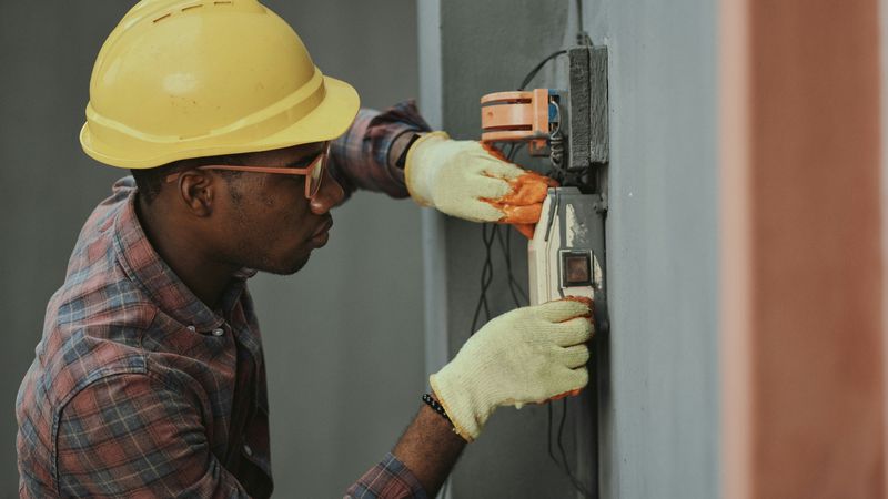 An electrician in a yellow hard hat and work gloves tests a box of wiring on a wall