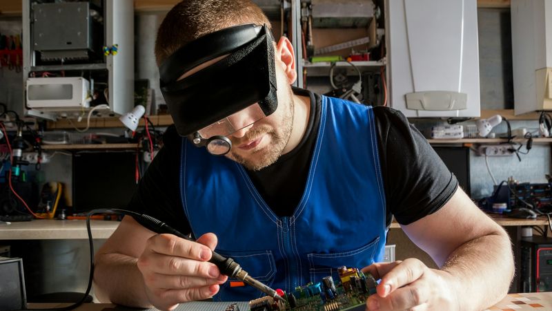 A technician wearing a magnifying visor solders a circuit board at a workbench
