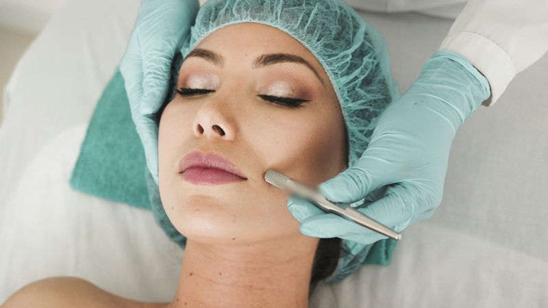An esthetician in blue gloves gives a client a facial treatment