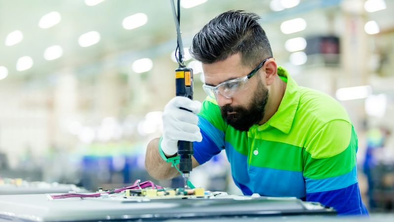 A worker in safety glasses and white gloves drives a screw into a circuit board on a factory assembly line