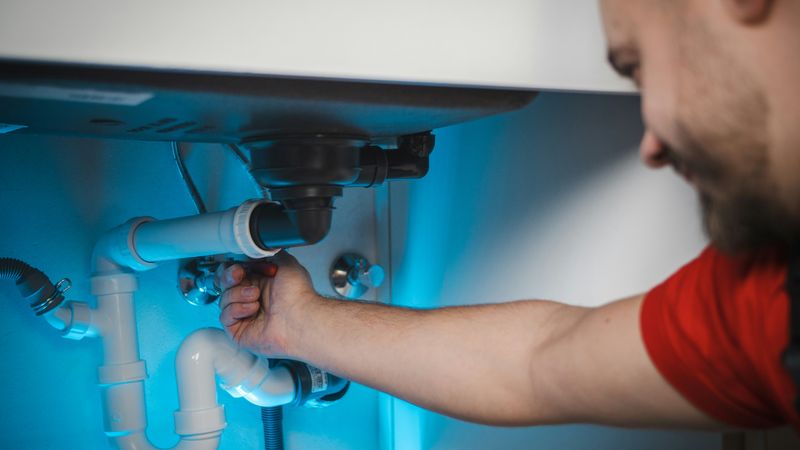 A plumber in a red shirt fits the drain pipes under a sink