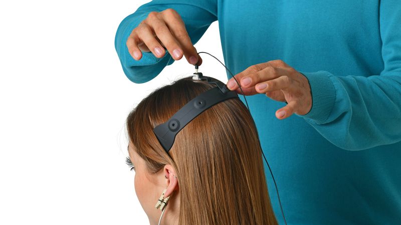 A technician fits a sensor onto an electrode headband on a woman's head